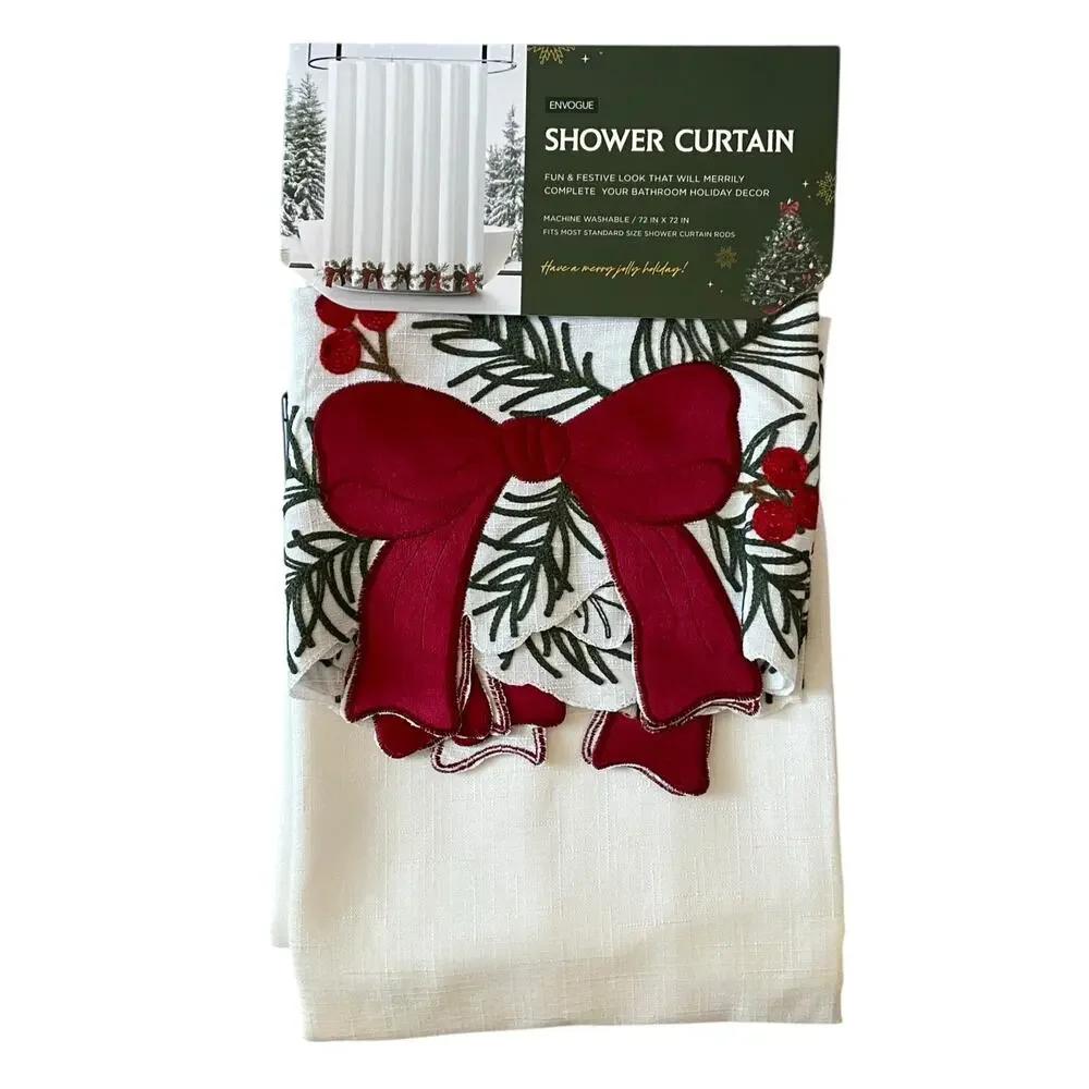 Envogue Embroidered RED BOW Christmas Shower Curtain 72x72 Holiday NEW
